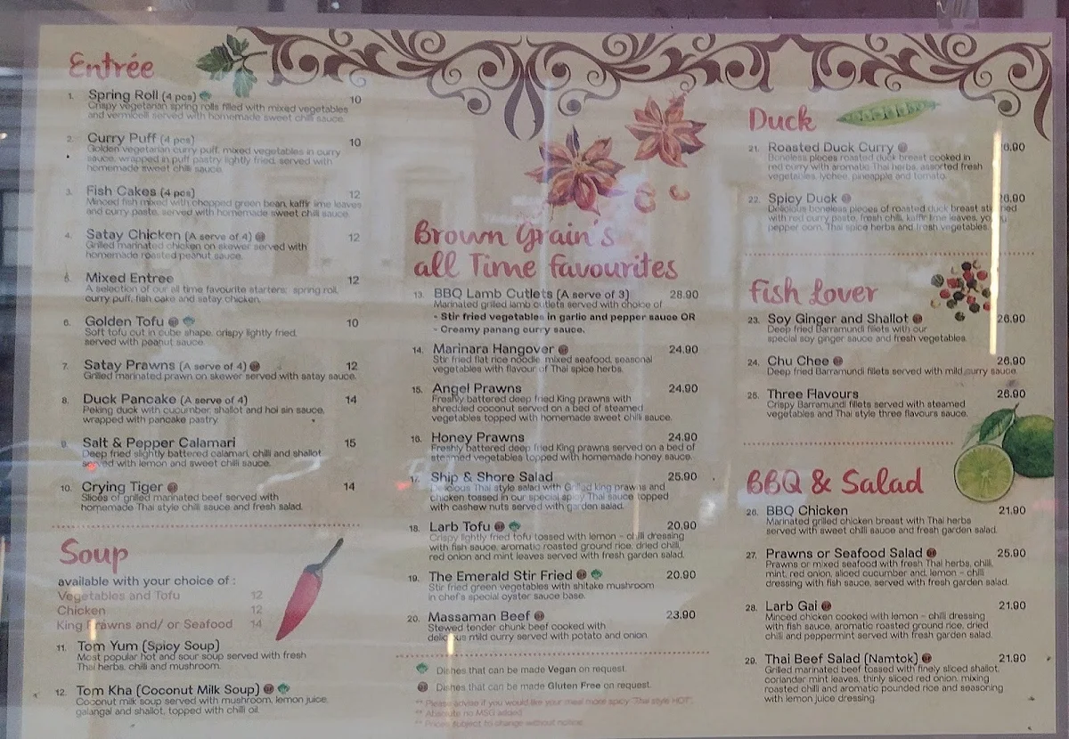 Menu, Brown Grain Thai Restaurant (Online Order Available)