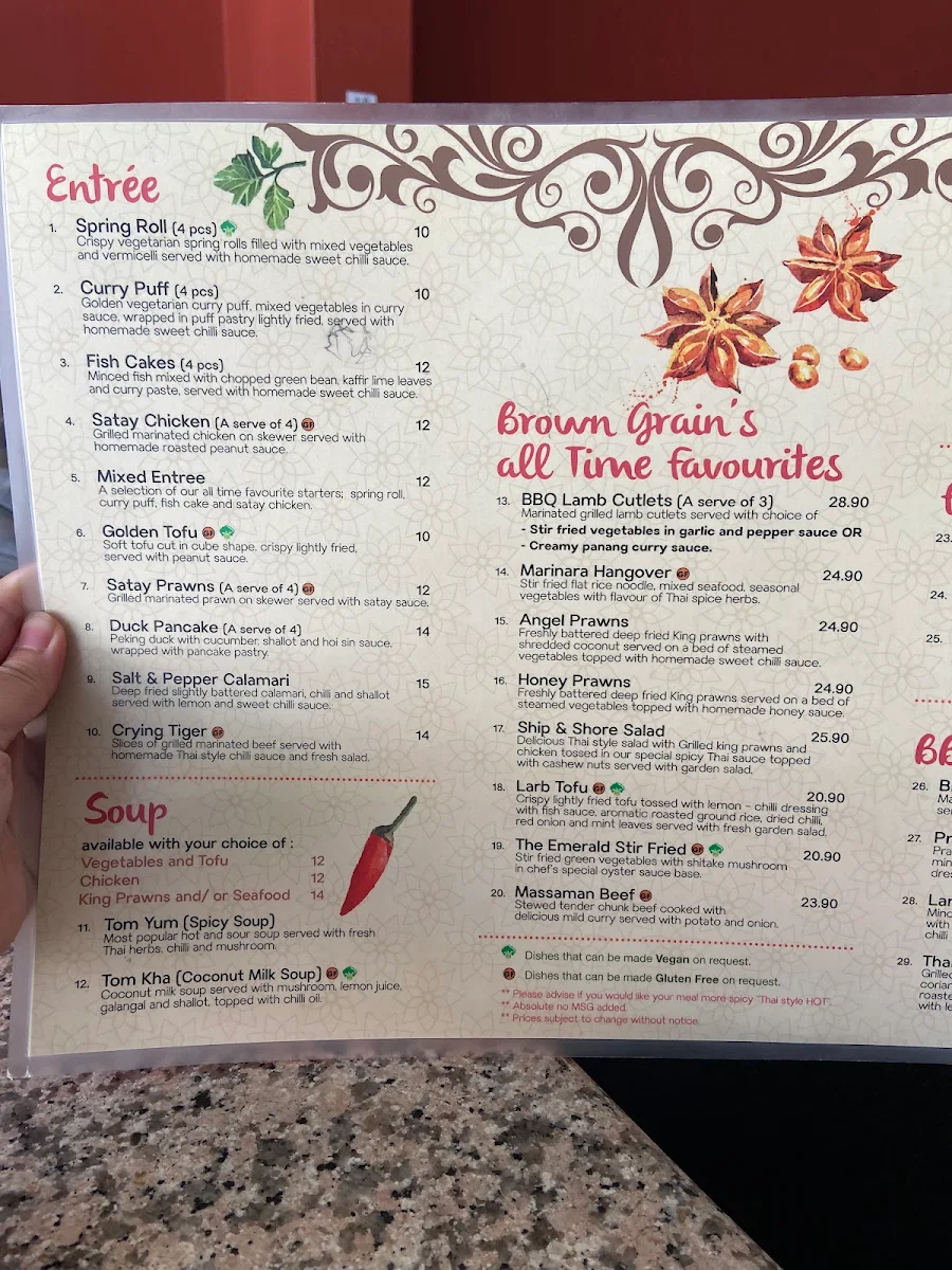Menu, Brown Grain Thai Restaurant (Online Order Available)