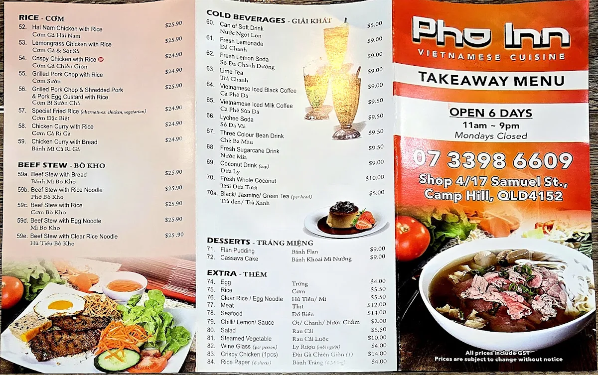 Menu, Pho Inn