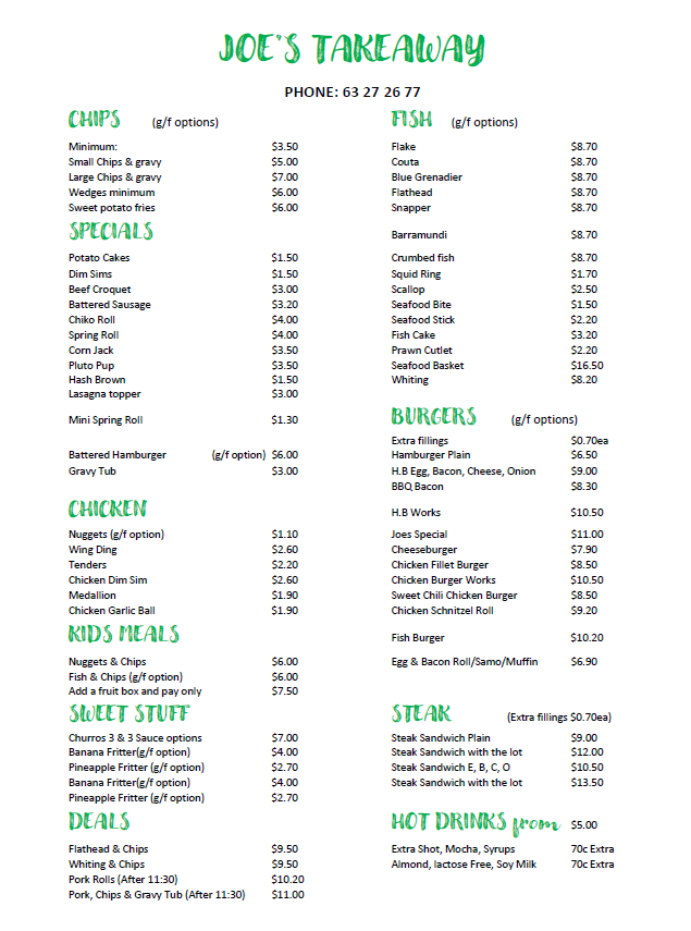 Menu, Joes Grocer & Takeaway