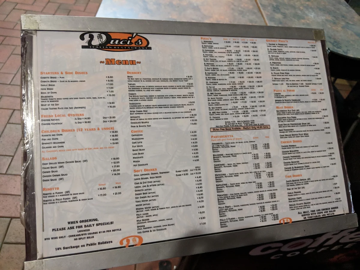 Menu, Duci's Italian Restaurant