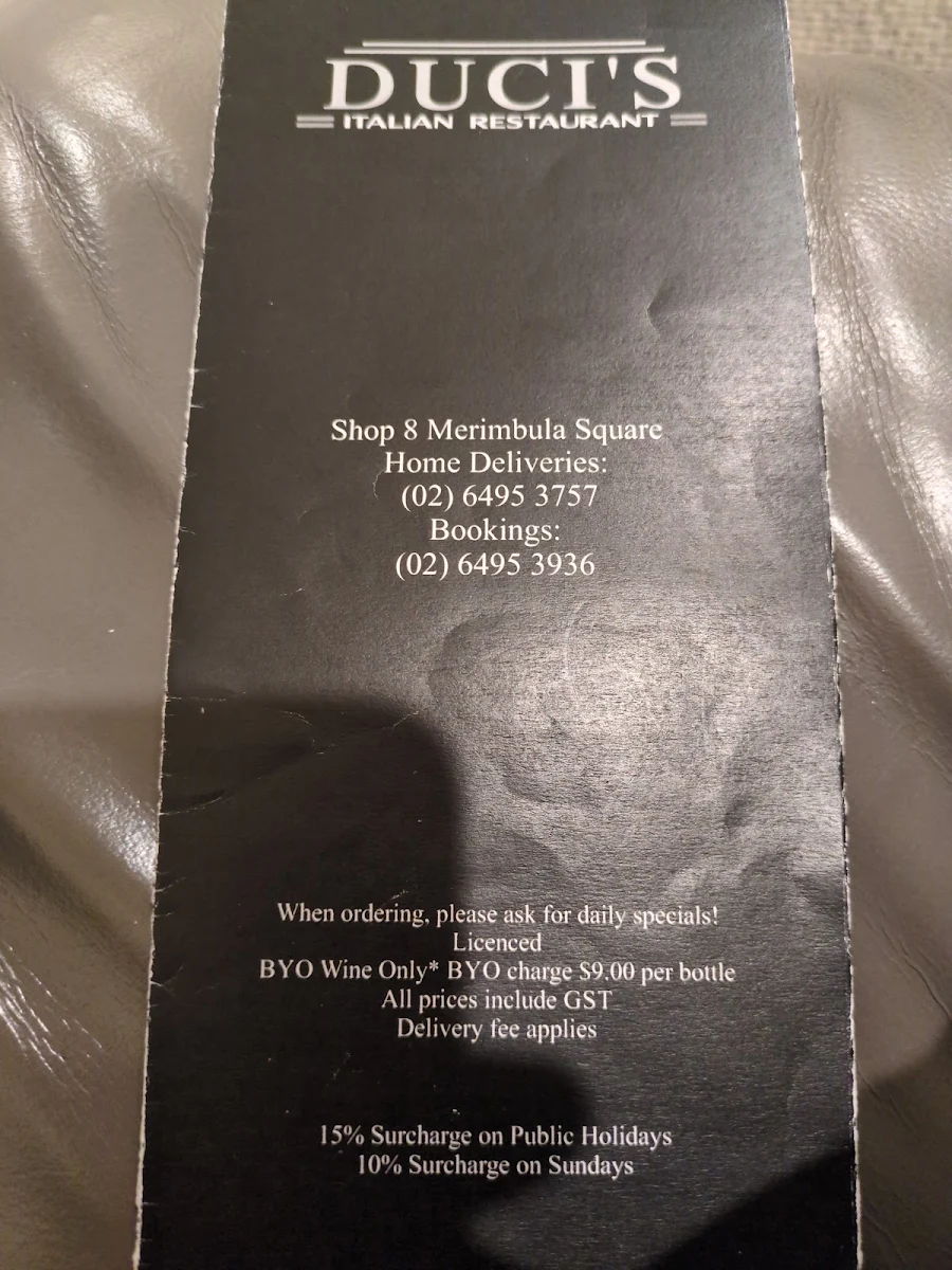 Menu, Duci's Italian Restaurant