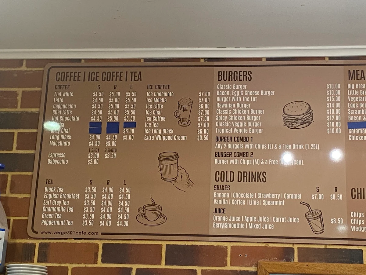 Menu, Verge 301 Cafe
