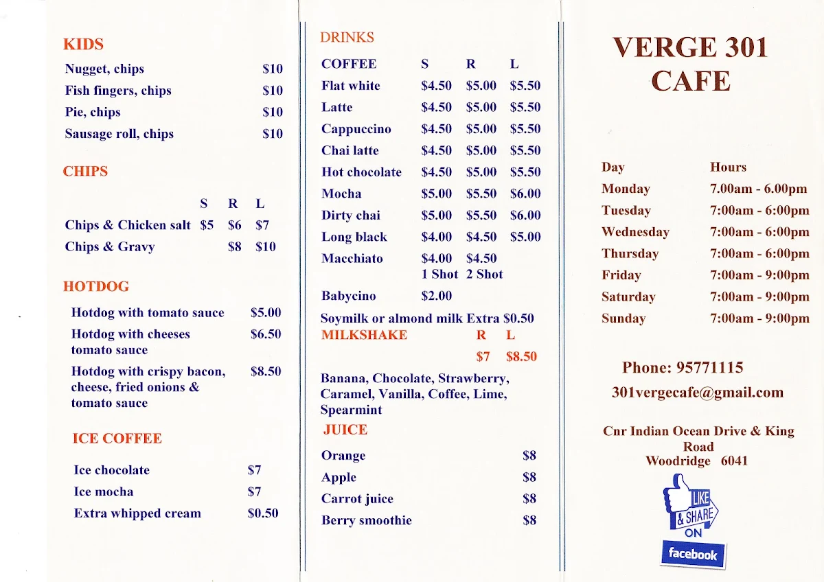 Menu, Verge 301 Cafe