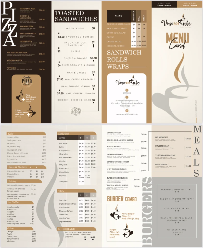 Menu, Verge 301 Cafe