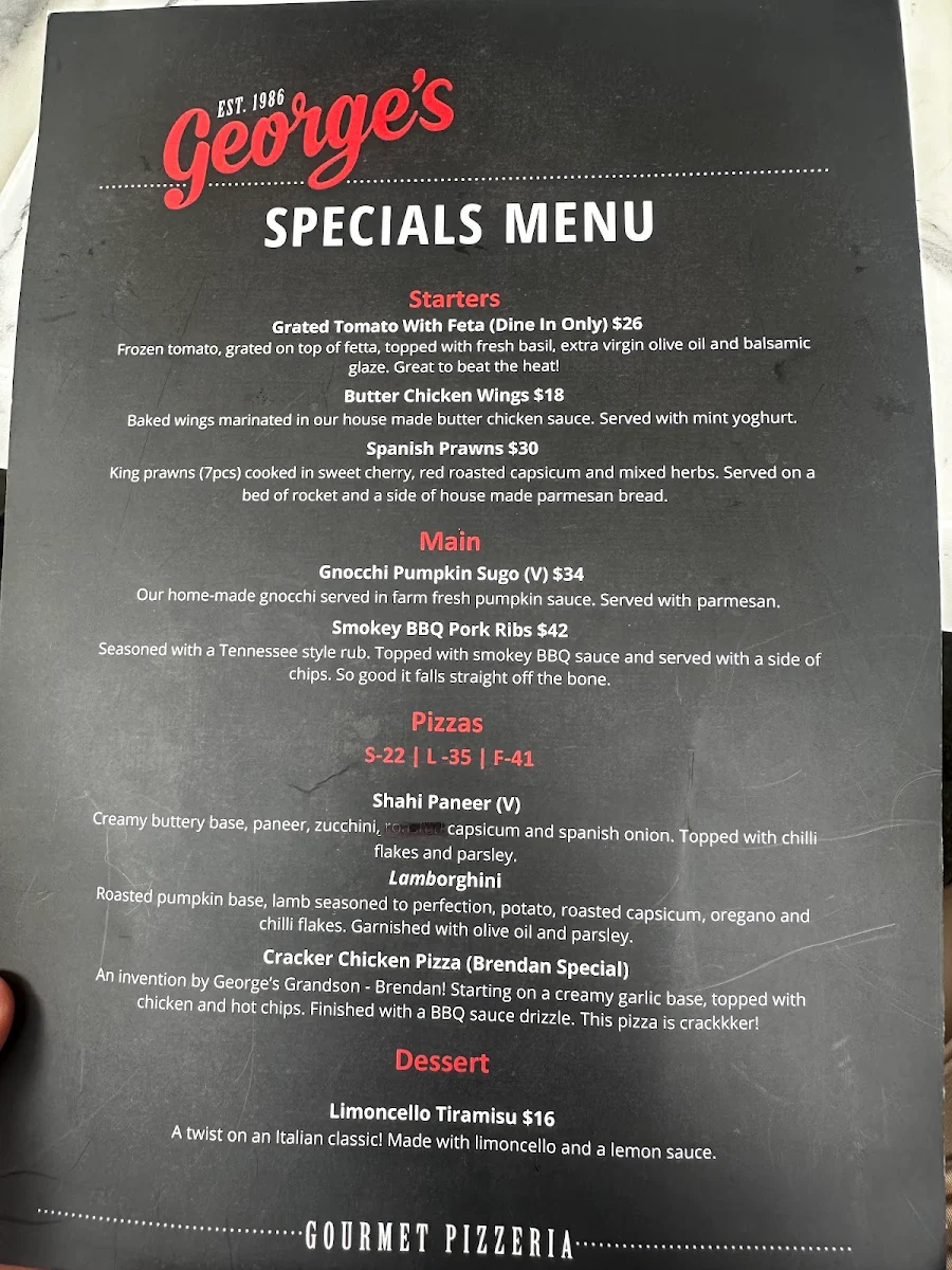 Menu, George's Pizza Castle Hill
