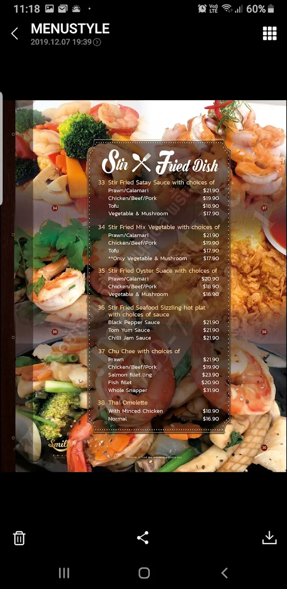 Menu, Smile Thai Restaurant