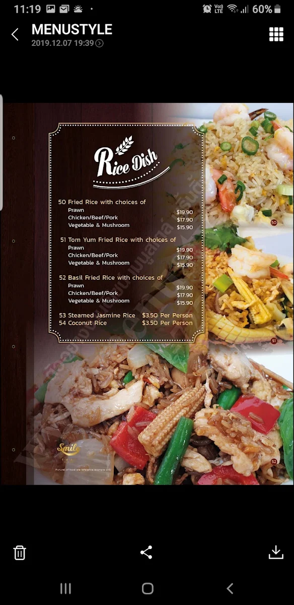 Menu, Smile Thai Restaurant