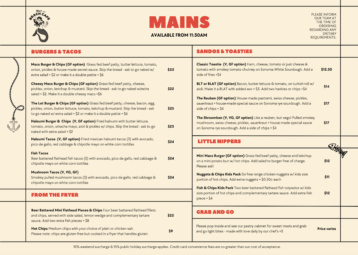 Menu, Macs Beach Cafe