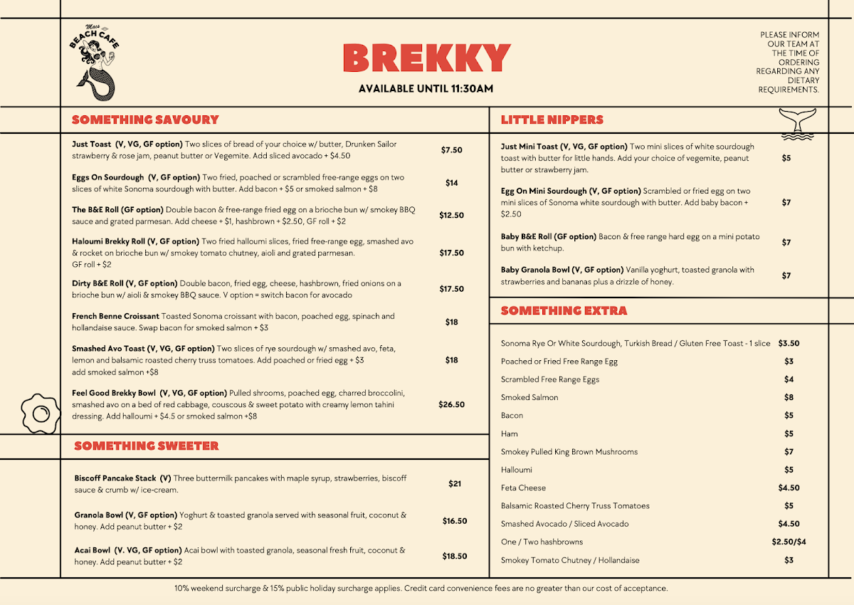 Menu, Macs Beach Cafe
