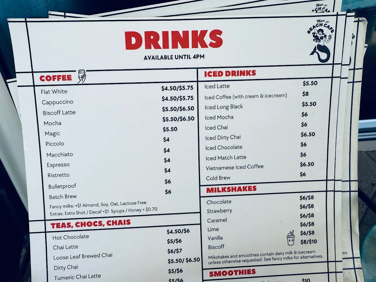 Menu, Macs Beach Cafe