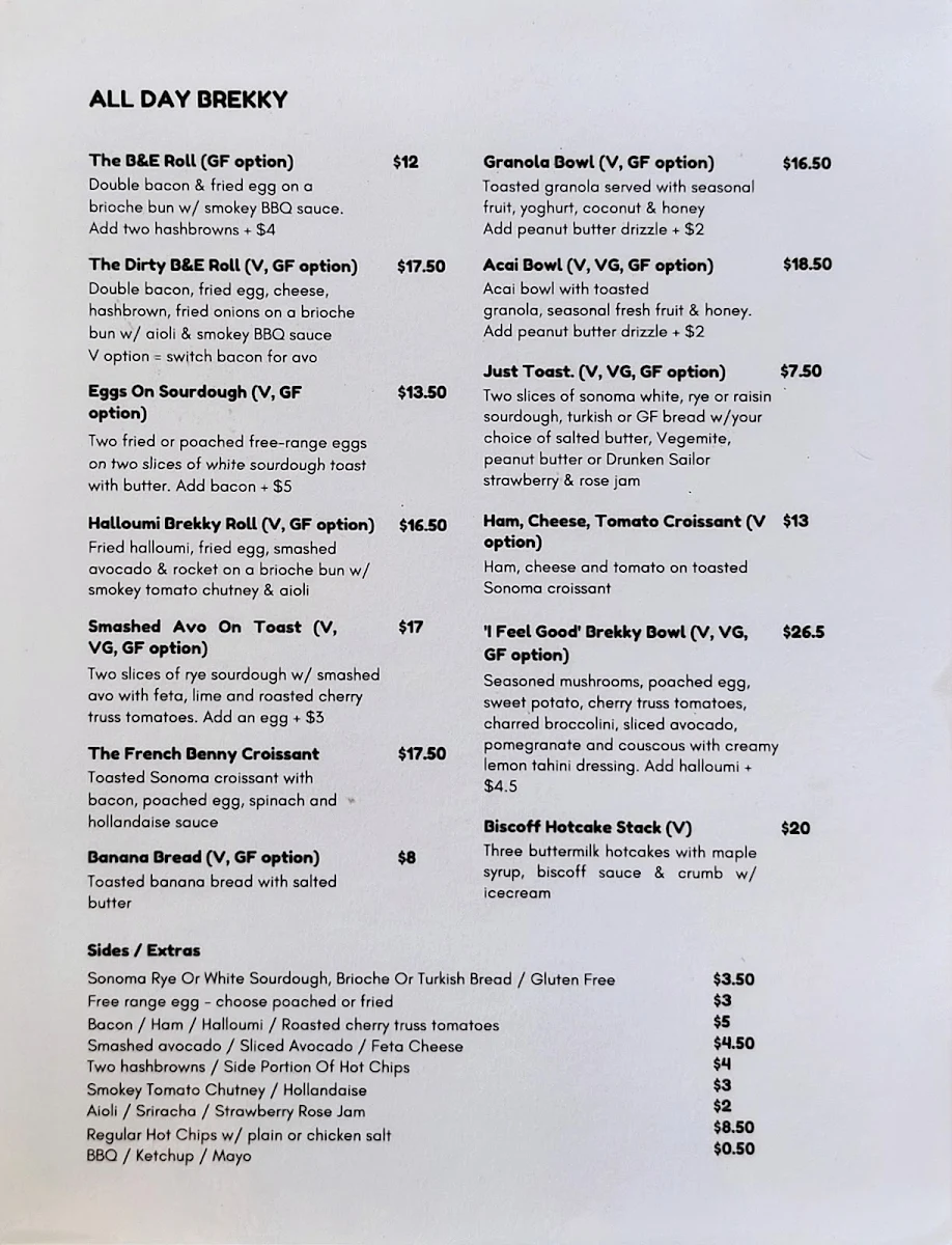 Menu, Macs Beach Cafe