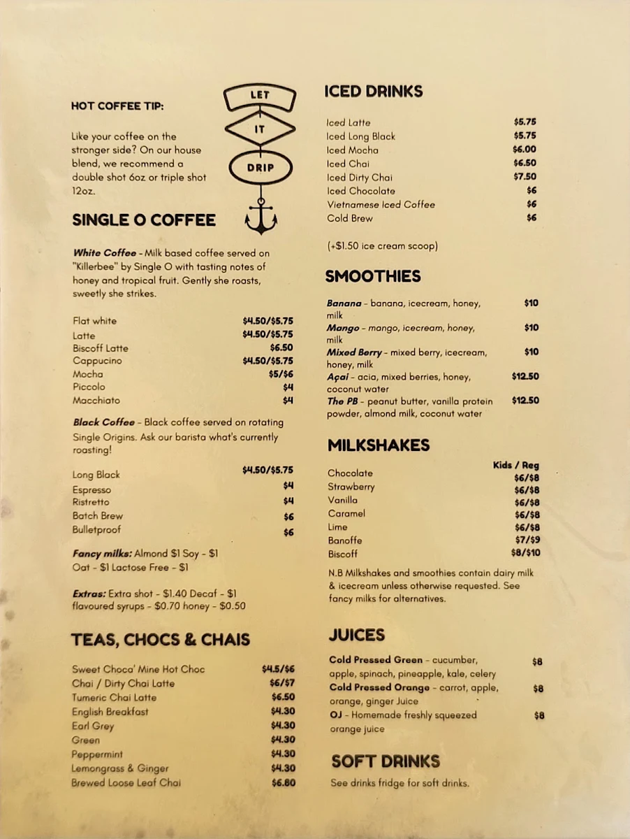 Menu, Macs Beach Cafe