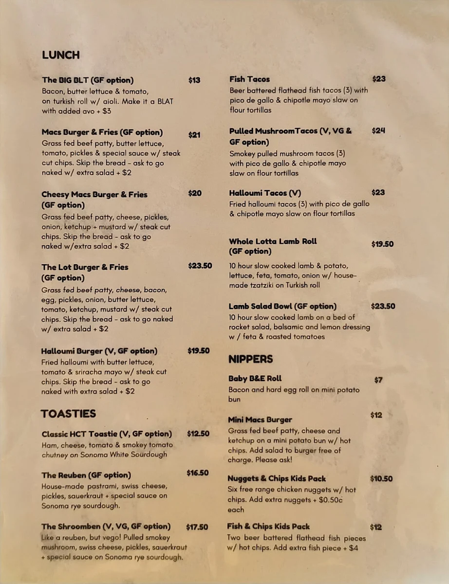 Menu, Macs Beach Cafe