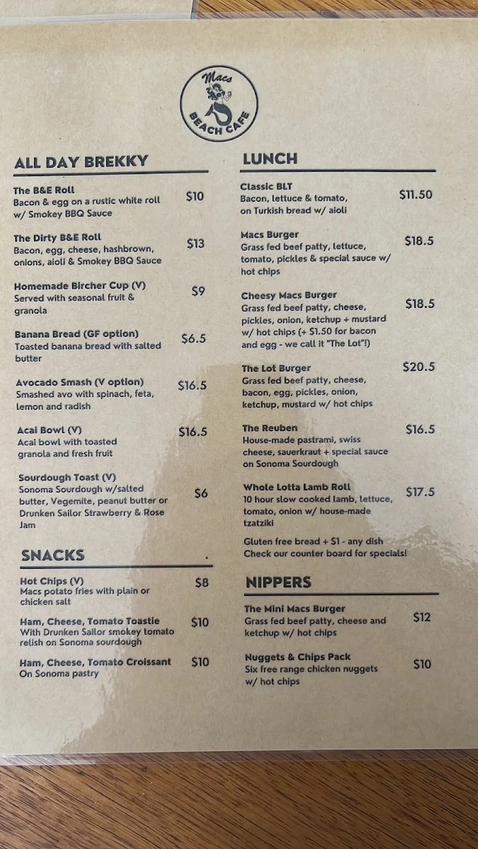 Menu, Macs Beach Cafe