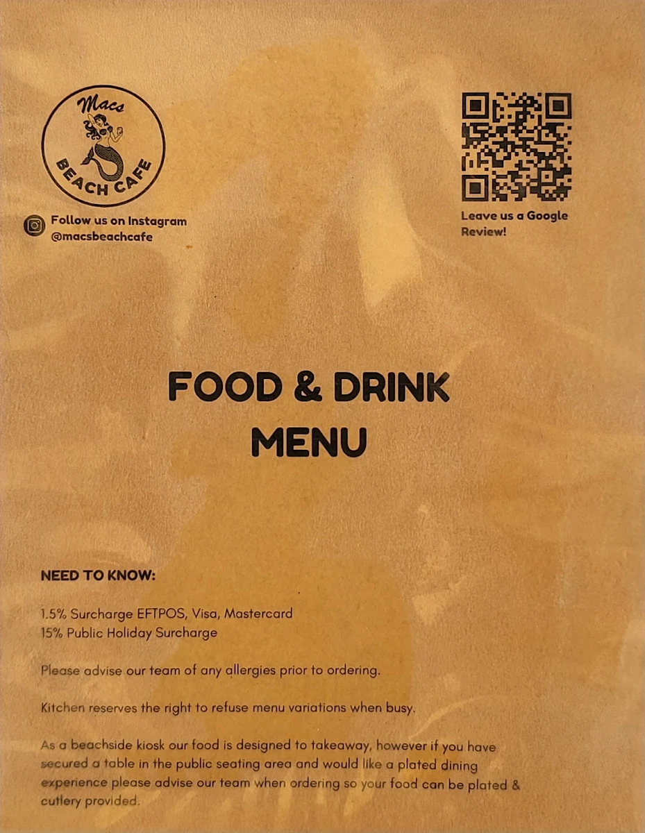 Menu, Macs Beach Cafe