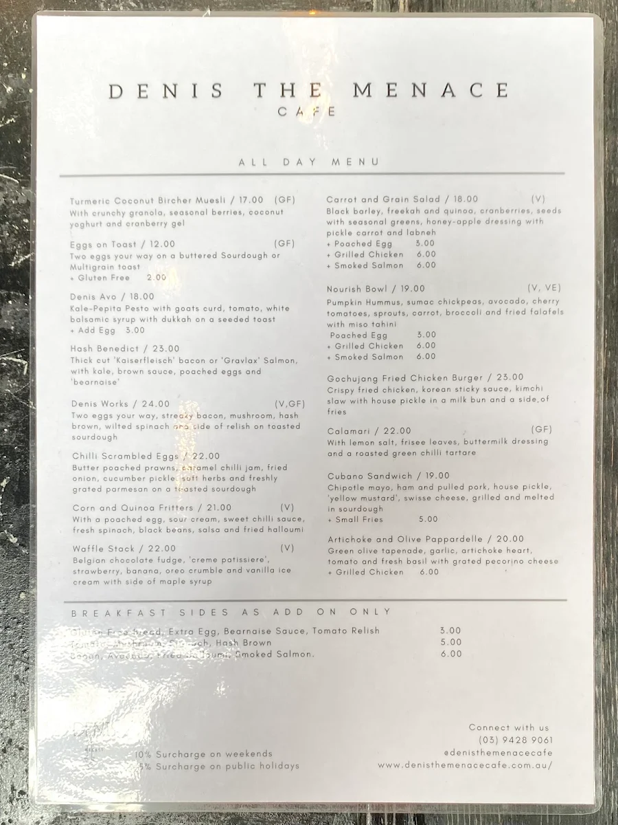 Menu, Denis the Menace Cafe