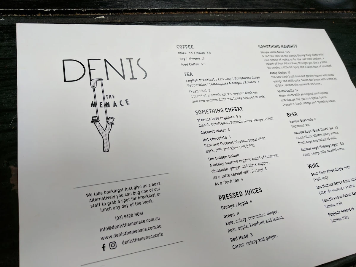 Menu, Denis the Menace Cafe