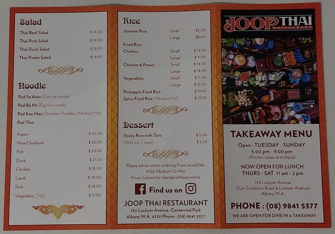 Menu, Joop Thai Restaurant