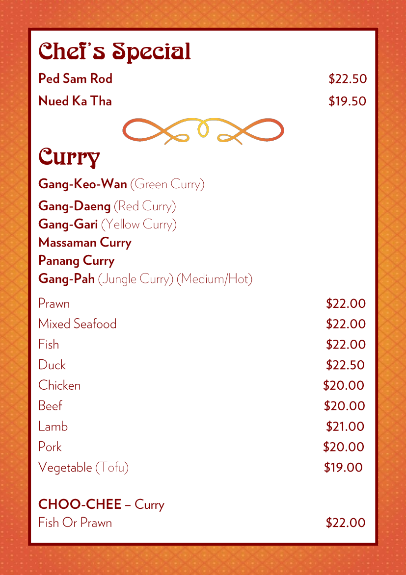 Menu, Joop Thai Restaurant