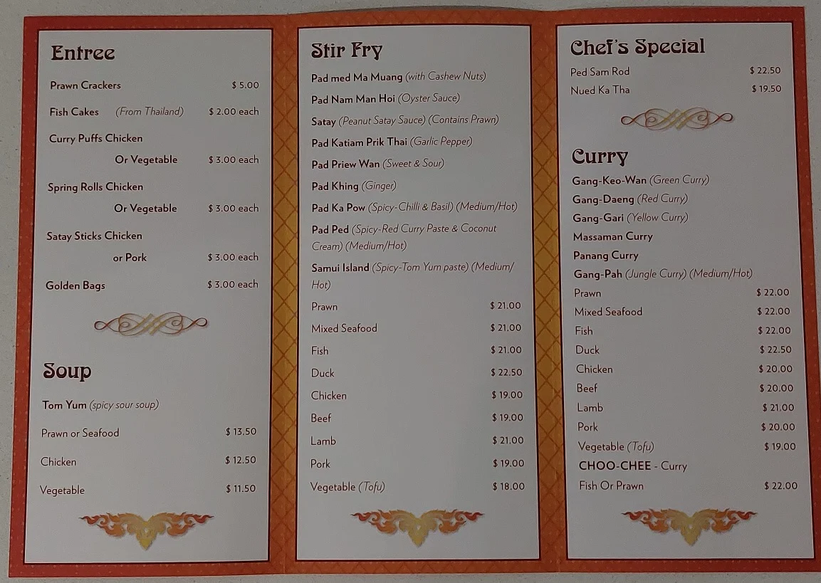 Menu, Joop Thai Restaurant