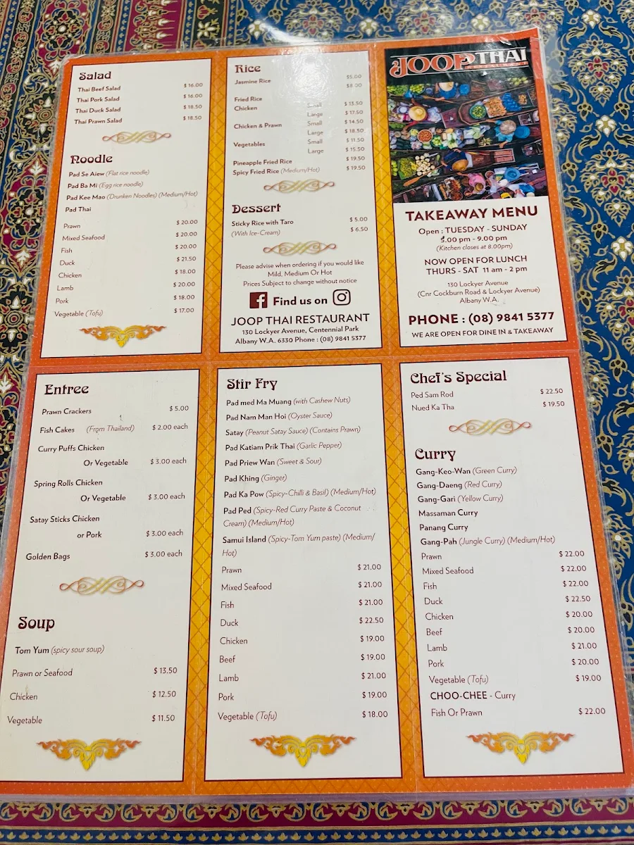 Menu, Joop Thai Restaurant