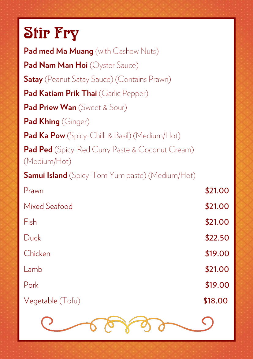 Menu, Joop Thai Restaurant