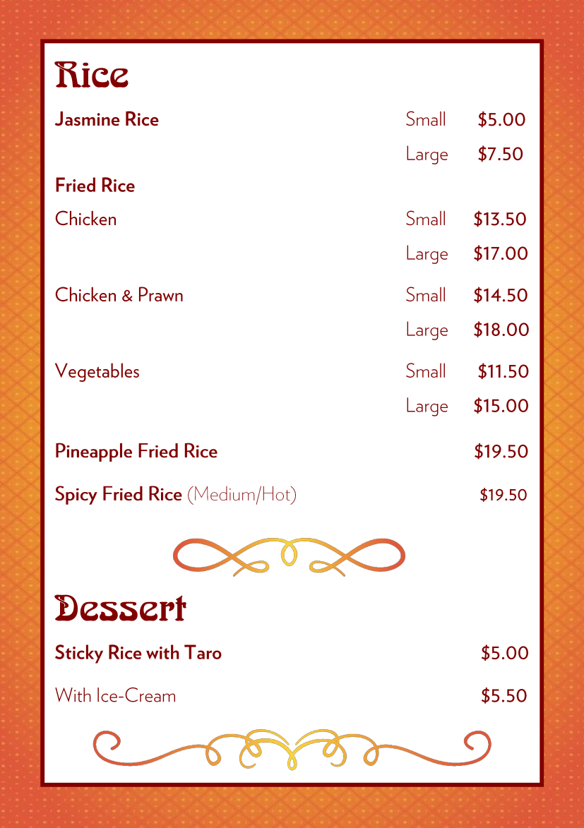 Menu, Joop Thai Restaurant