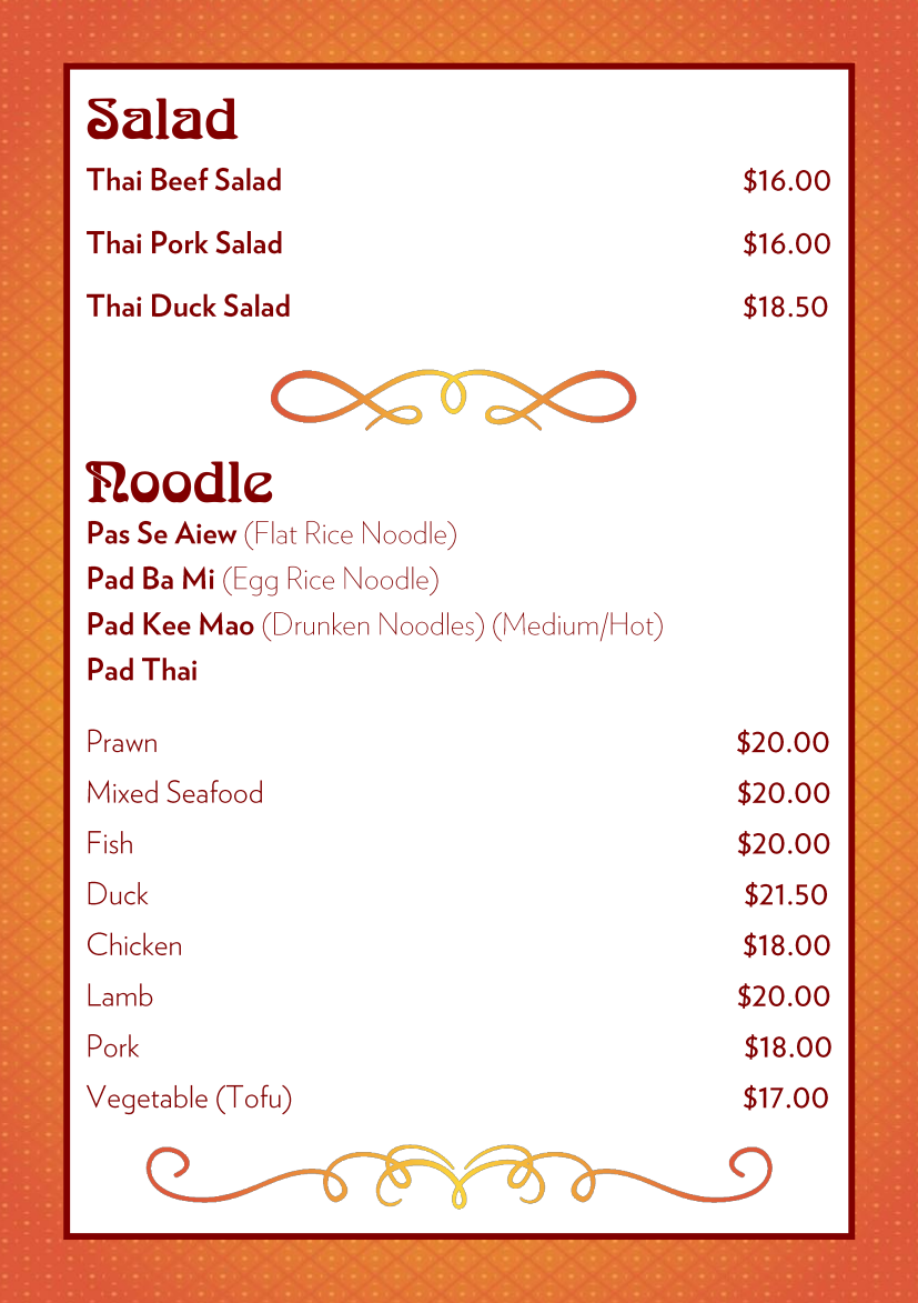 Menu, Joop Thai Restaurant