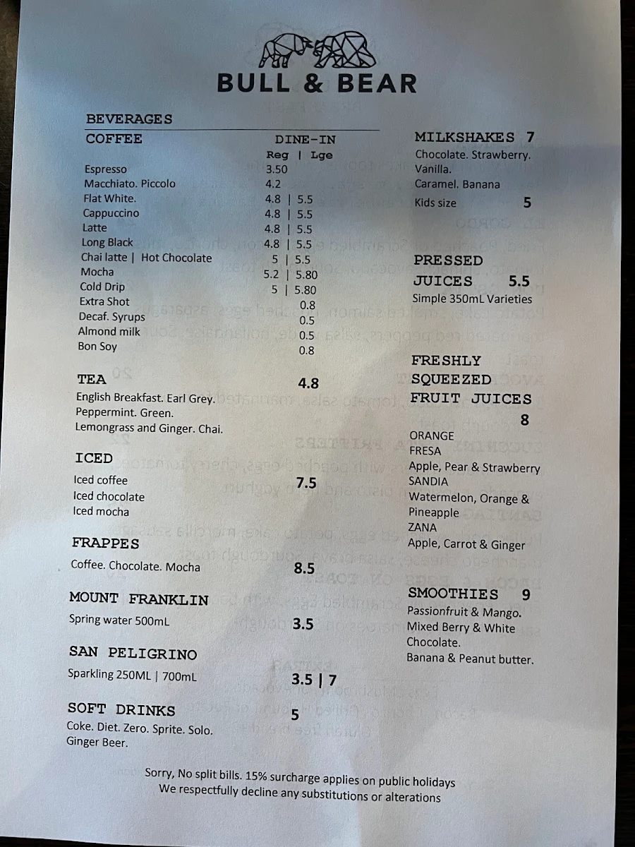 Menu, Bull & Bear Cafe - Restaurant