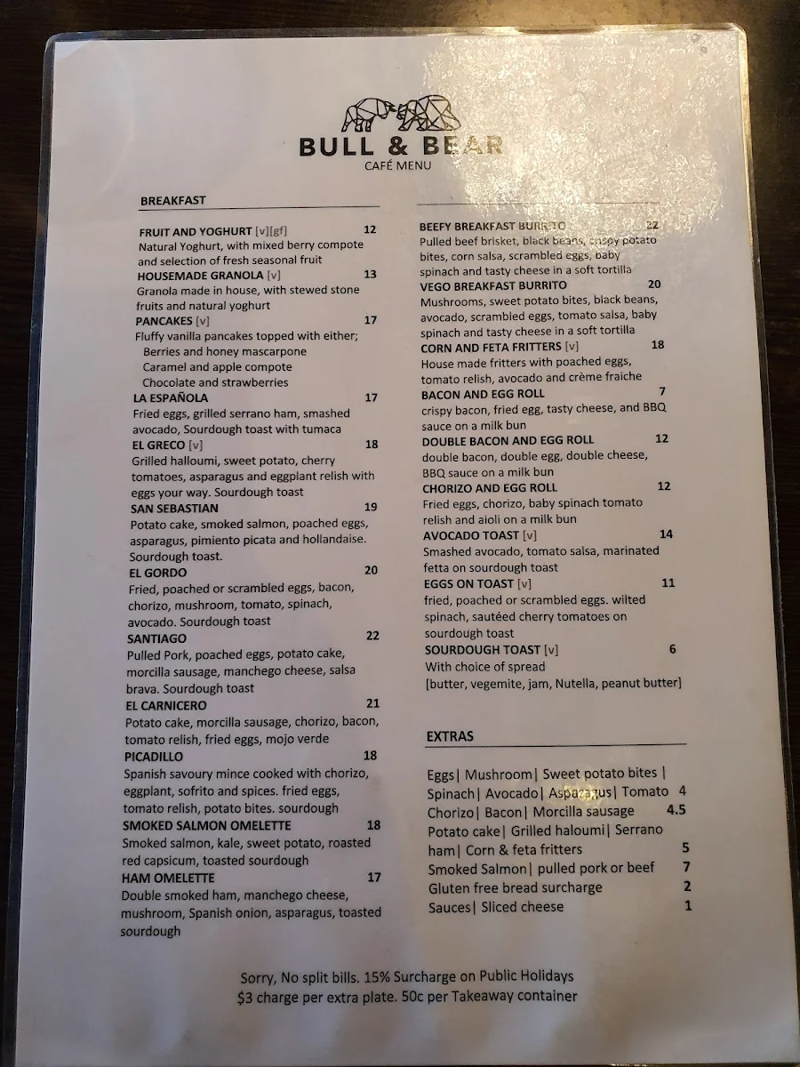 Menu, Bull & Bear Cafe - Restaurant