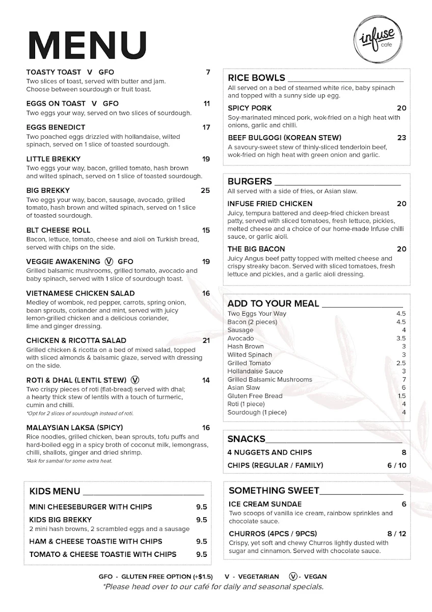 Menu, Infuse Cafe