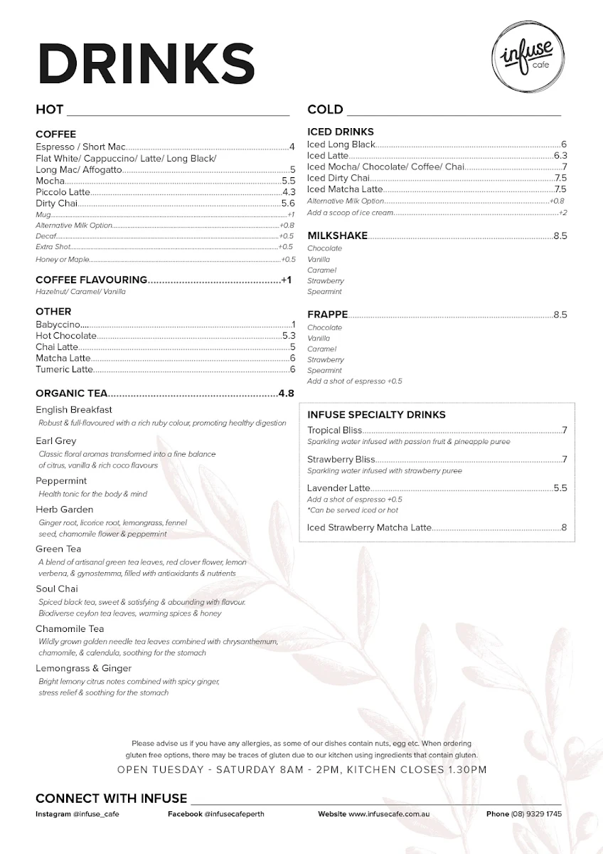 Menu, Infuse Cafe