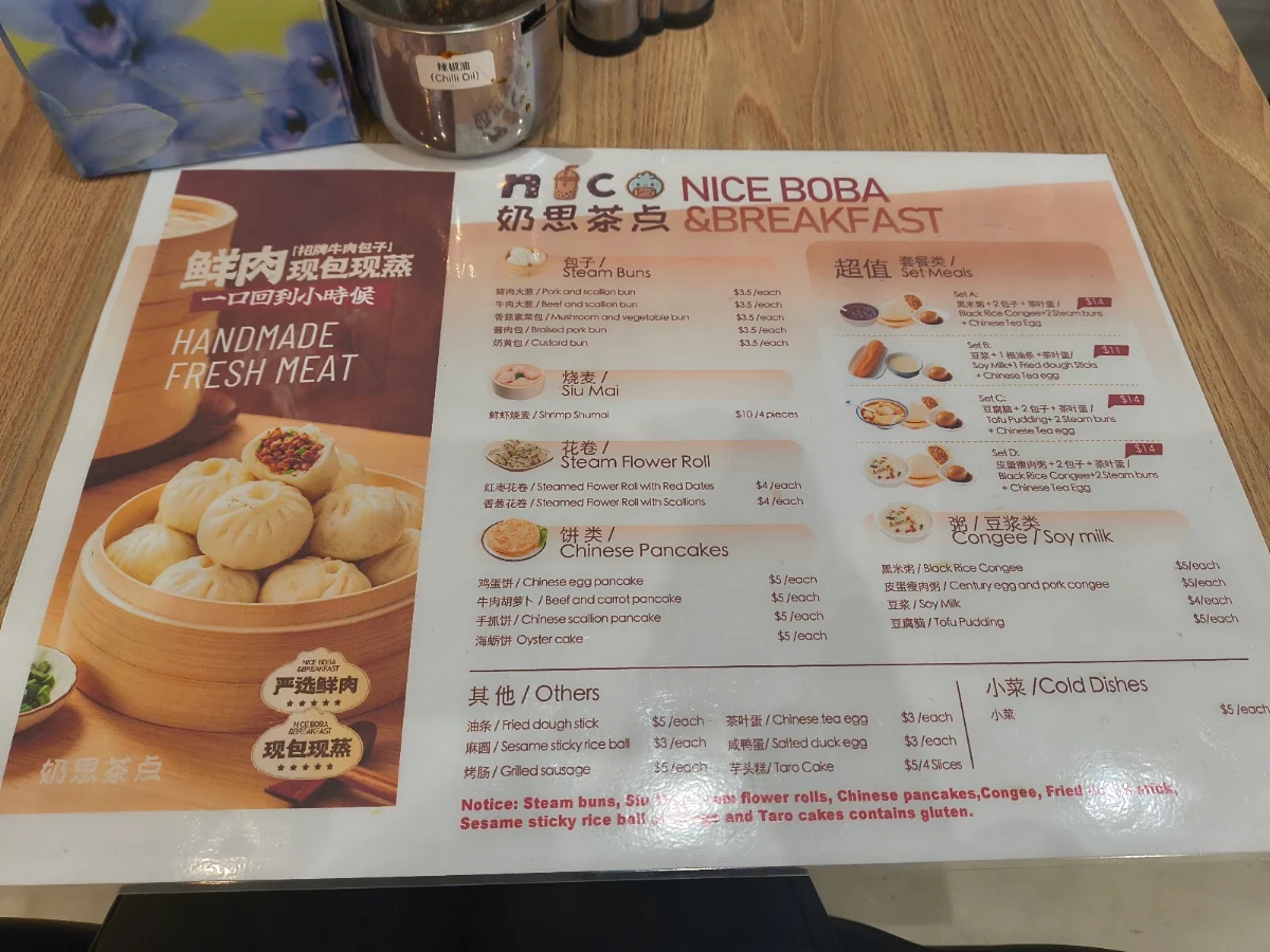 Menu, Nice Boba Tea and Breakfast