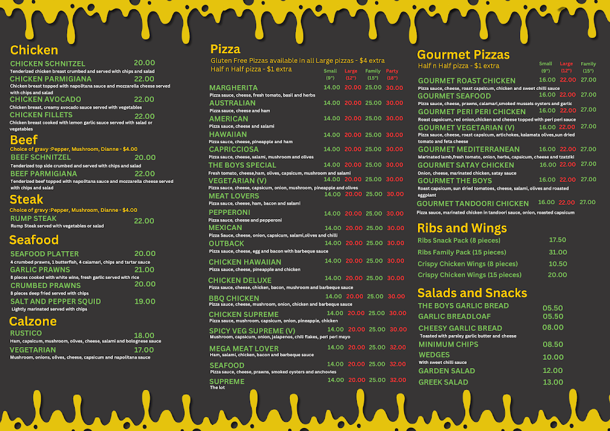 Menu, The Boys Pizza Bar