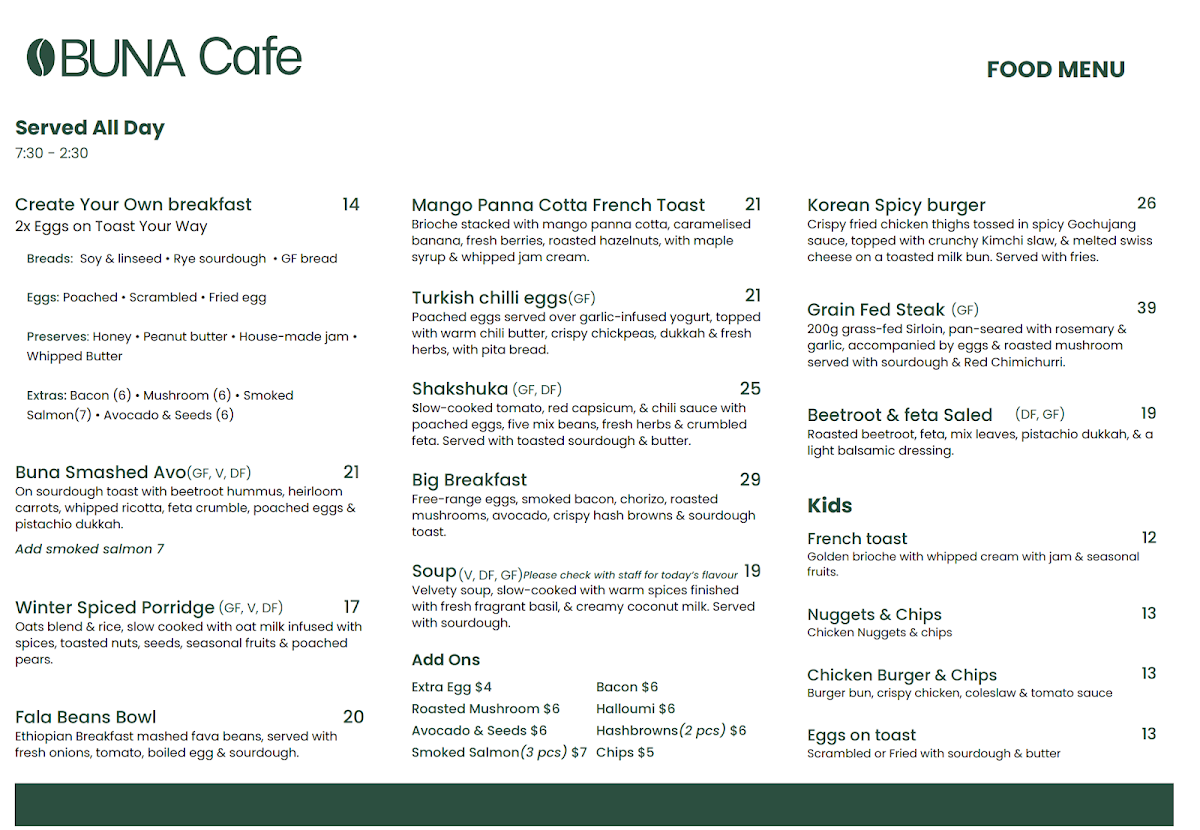 Menu, Ethiopian On Northbourne - Espresso