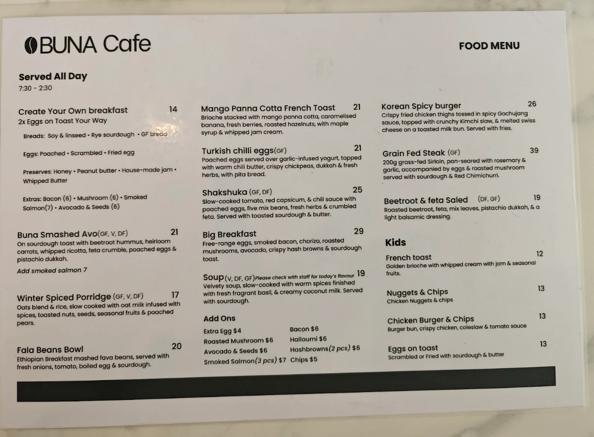 Menu, Ethiopian On Northbourne - Espresso
