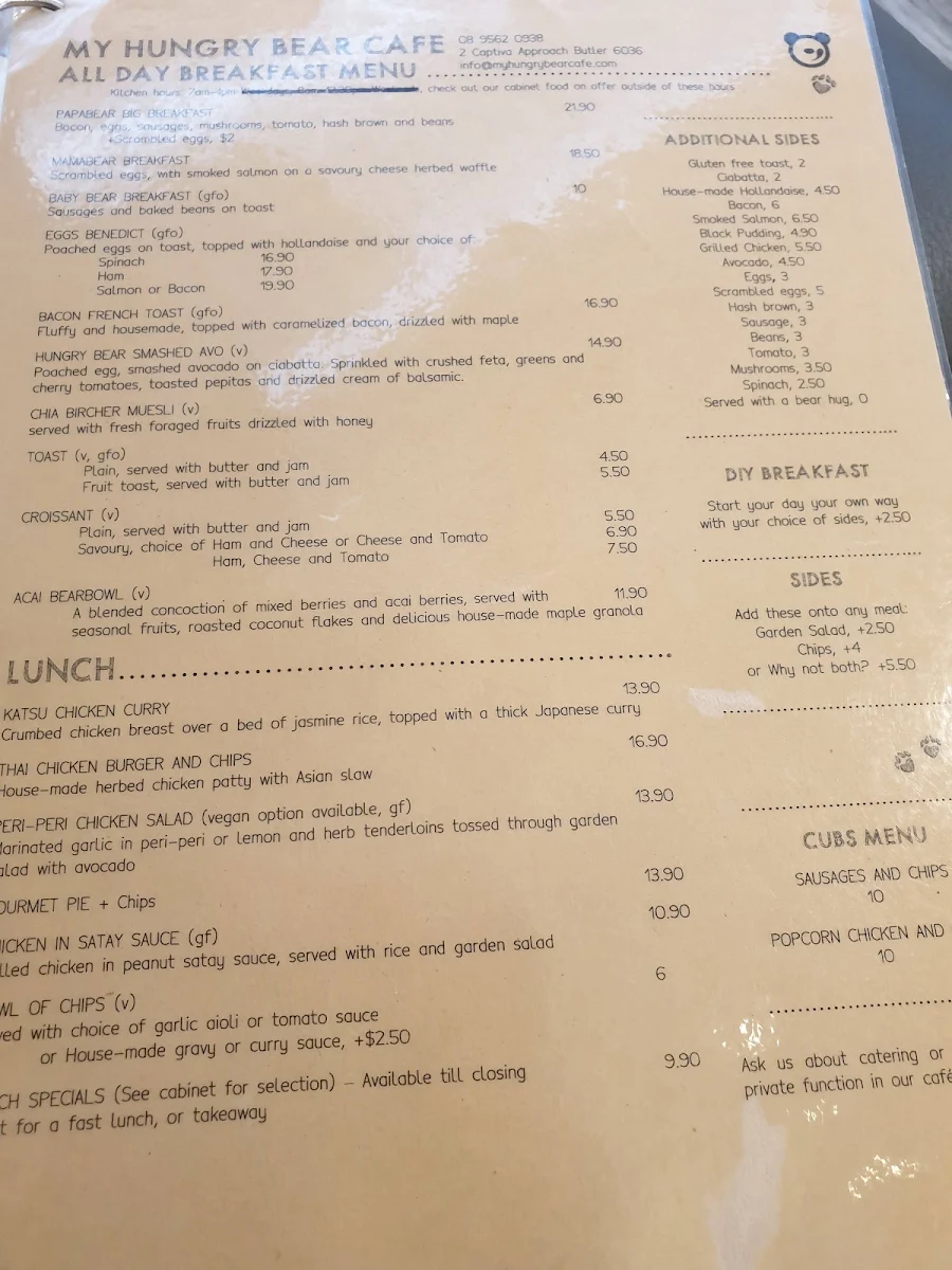 Menu, My Hungry Bear Cafe