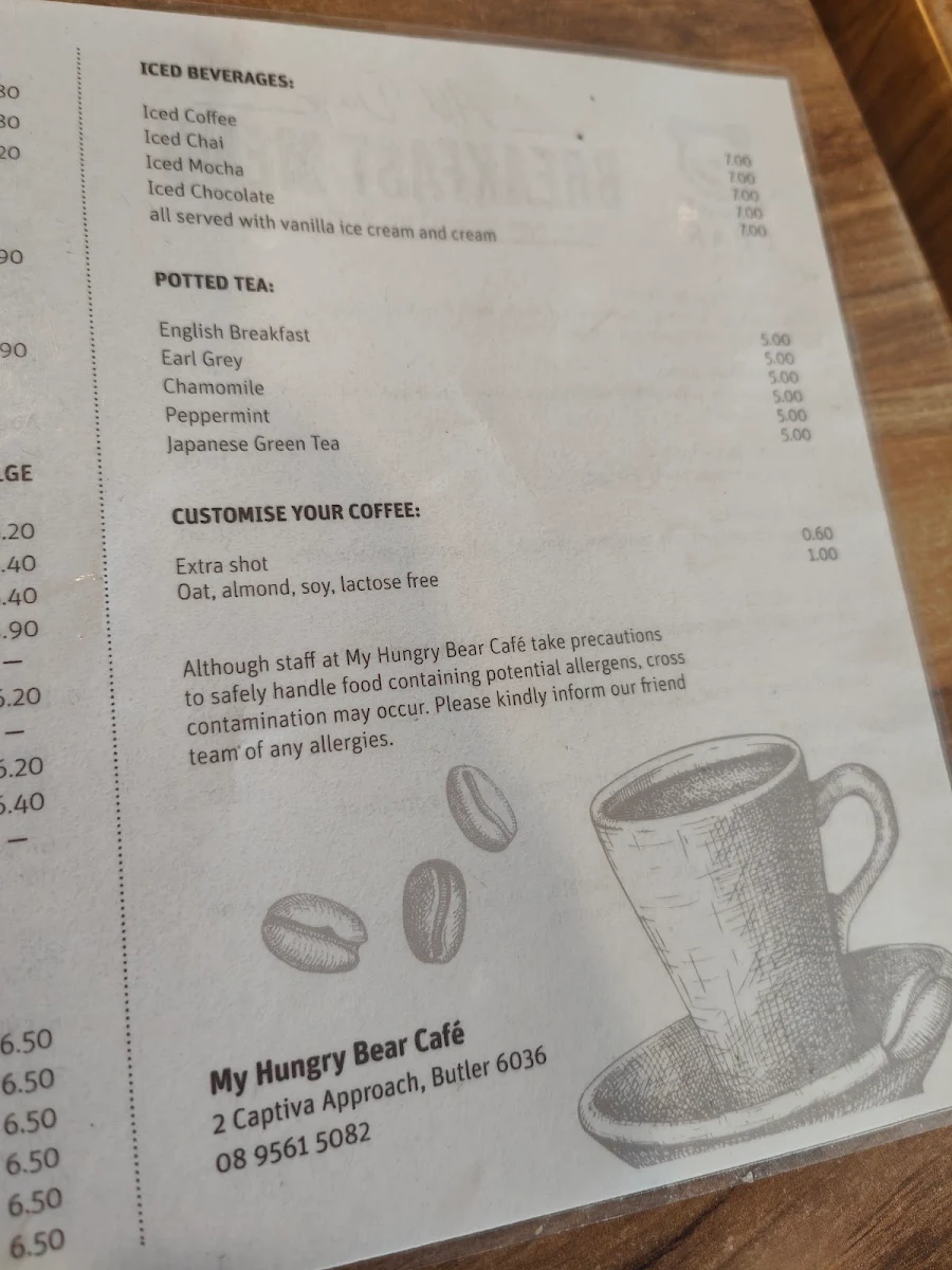 Menu, My Hungry Bear Cafe