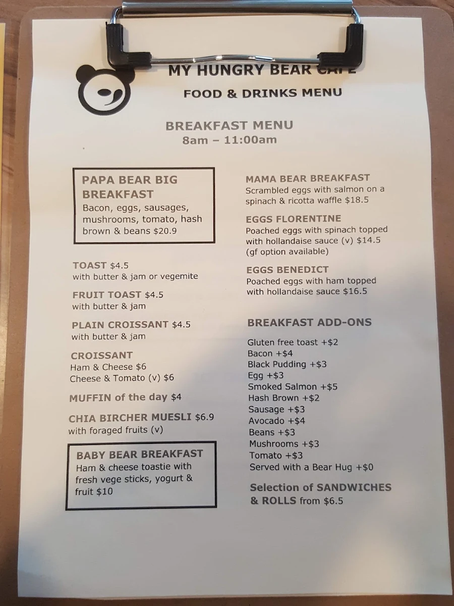 Menu, My Hungry Bear Cafe
