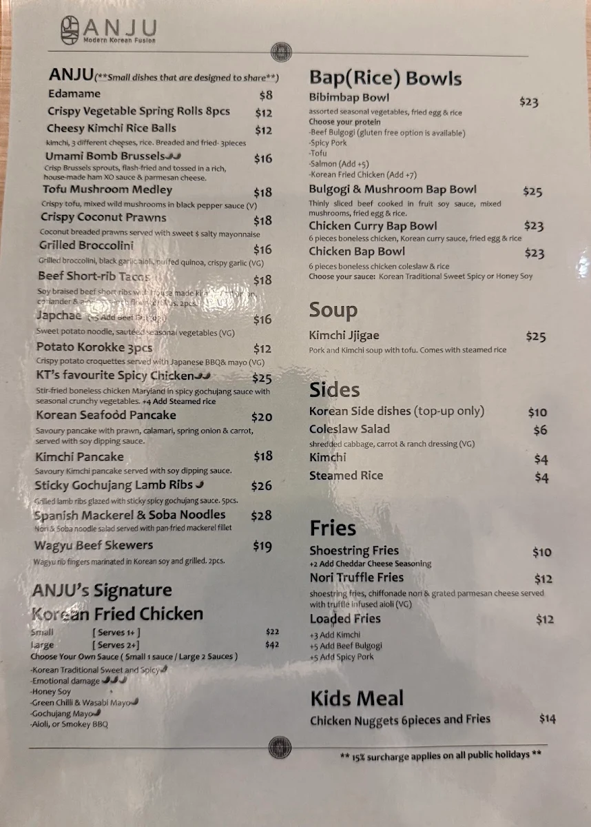 Menu, ANJU Modern Korean Fusion