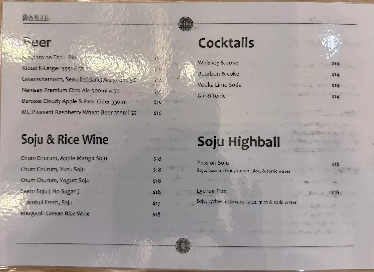 Menu, ANJU Modern Korean Fusion