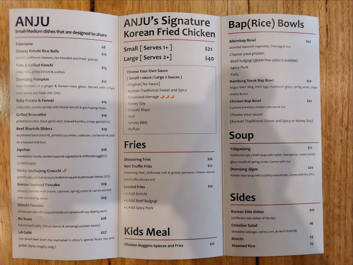 Menu, ANJU Modern Korean Fusion