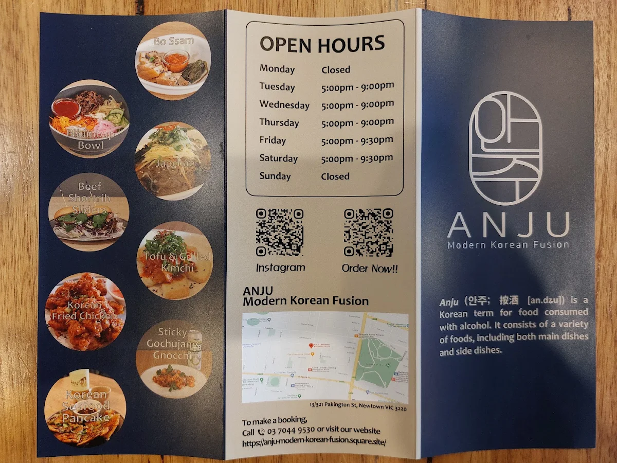 Menu, ANJU Modern Korean Fusion