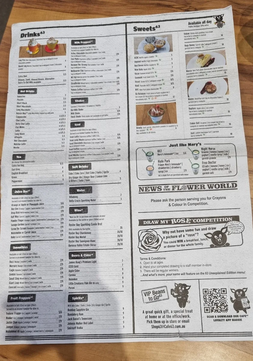Menu, Cafe 63 Marsden Park