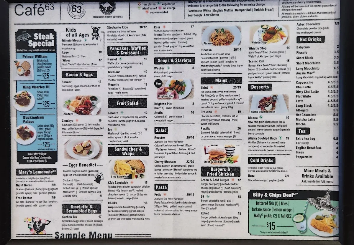 Menu, Cafe 63 Marsden Park