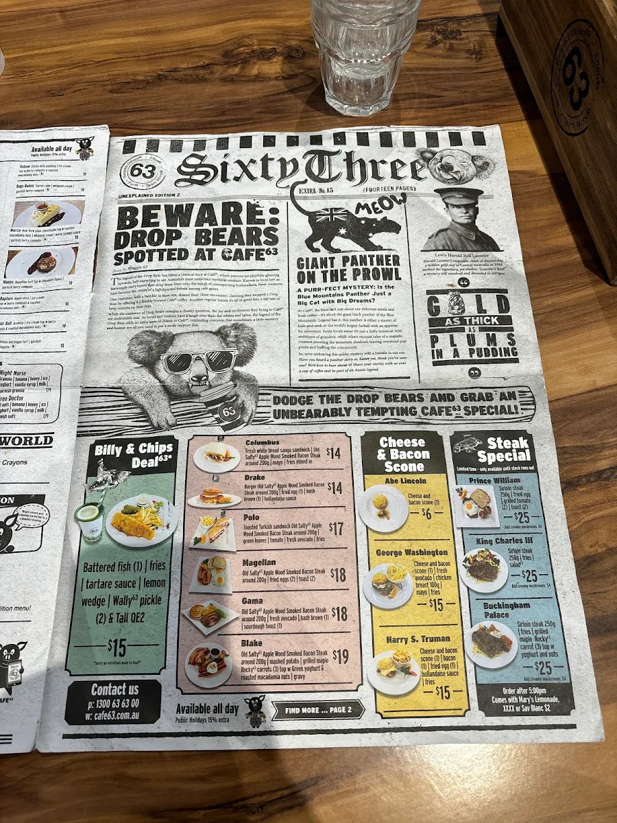 Menu, Cafe 63 Marsden Park