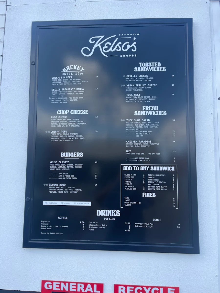 Menu, Kelsos Sandwich Shoppe
