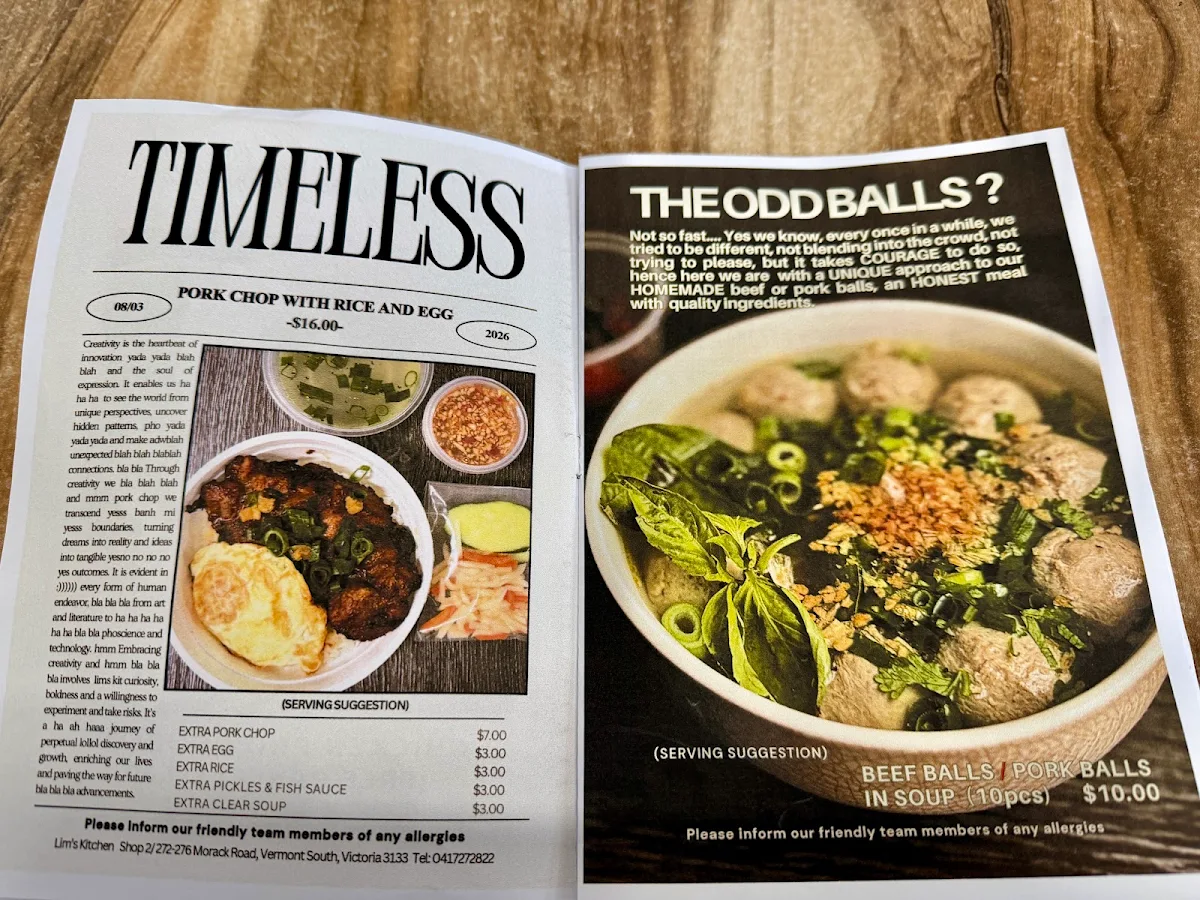 Menu, Lim’s Kitchen