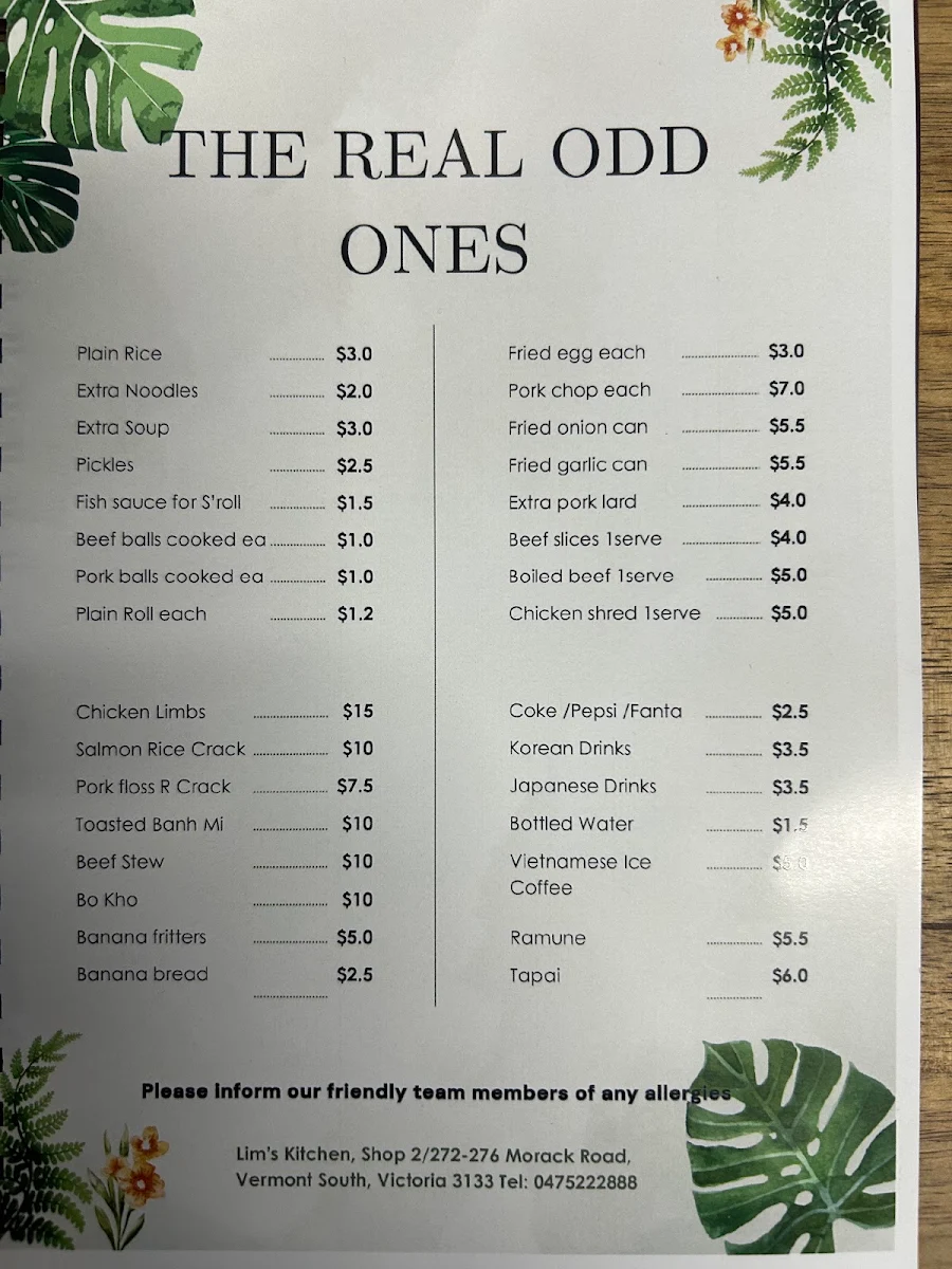 Menu, Lim’s Kitchen
